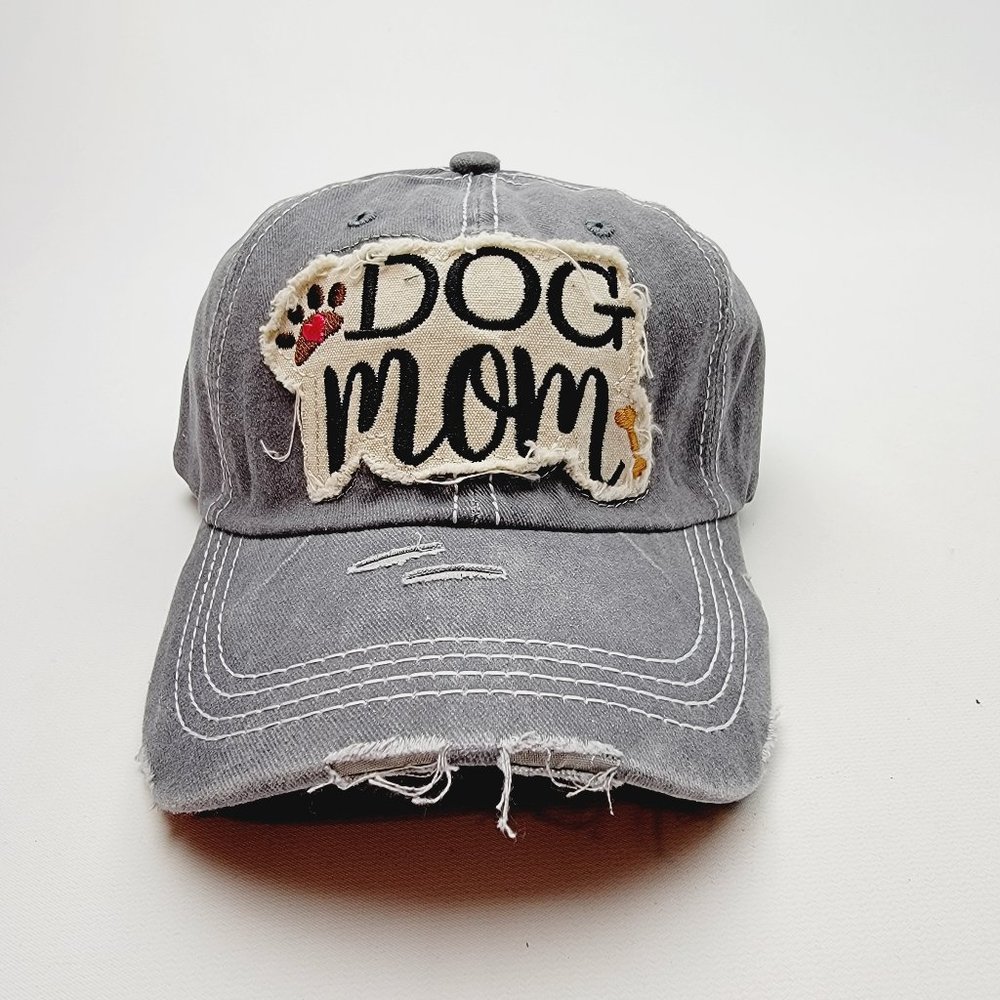 Dog Mom Distressed Relaxed Cotton Buckle Strap Full Cover Baseball Hat Cap Gray